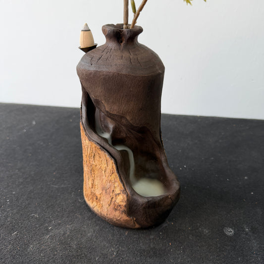 E603-Natural Driftwood Backflow Incense Burner,Handcrafted Wooden Vase Waterfall Incense Holder,Zen Meditation Decor,Gift For Him