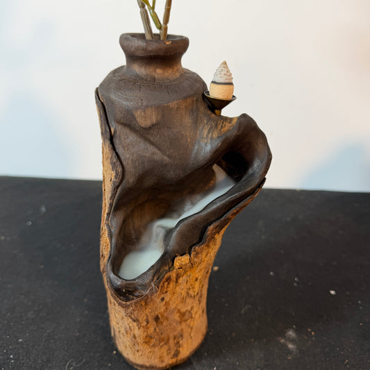 F1124 Natural Driftwood Backflow Incense Burner,Handcrafted Wooden Vase Waterfall Incense Holder,Zen Meditation Decor