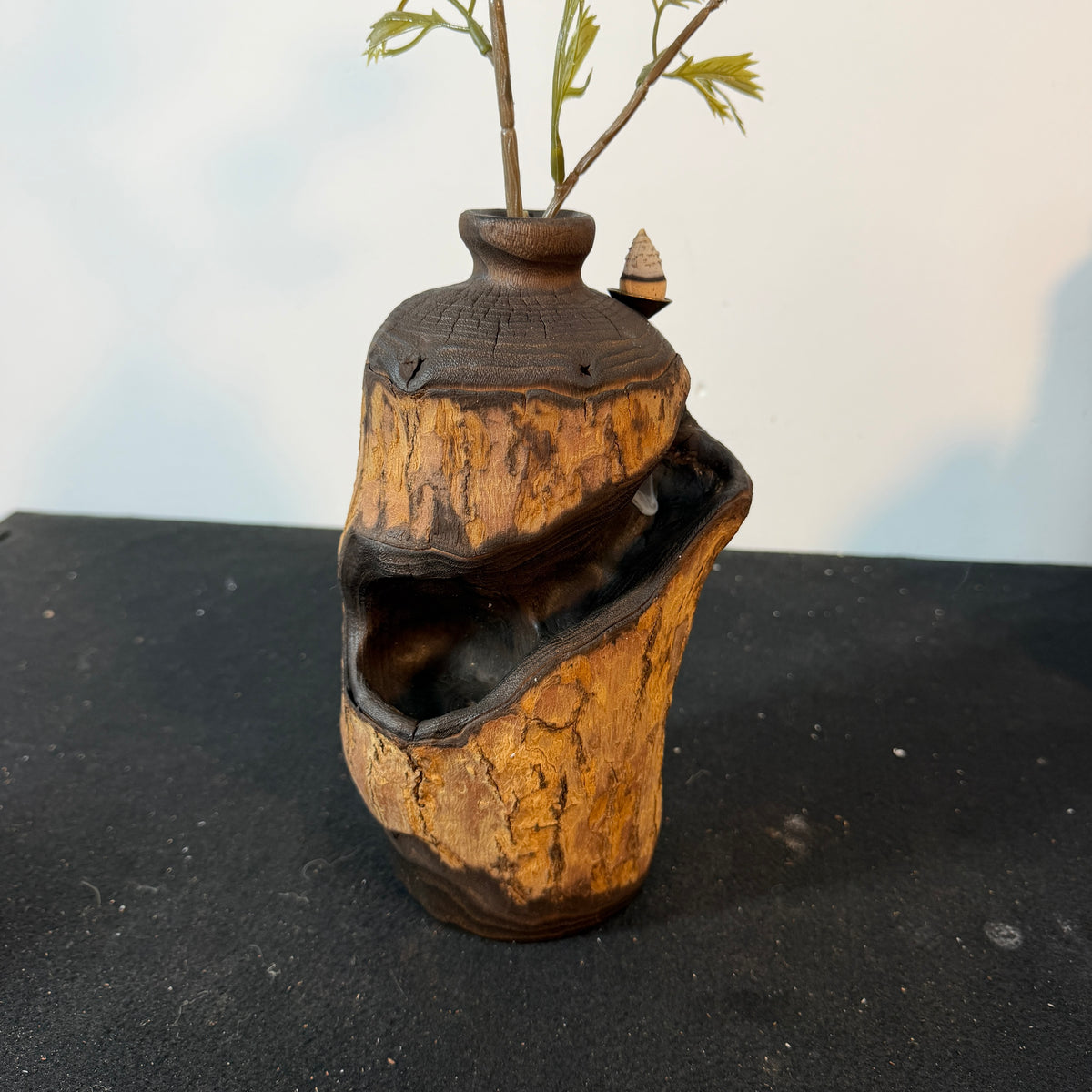 B882 Natural Driftwood Backflow Incense Burner,Handcrafted Wooden Vase Waterfall Incense Holder,Zen Meditation Decor